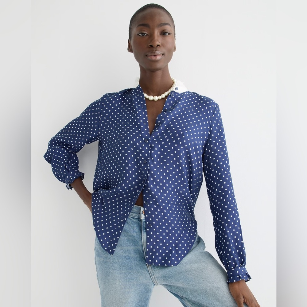 Drapey cupro-blend ruffle-trim shirt in dot - Picture 1 of 9